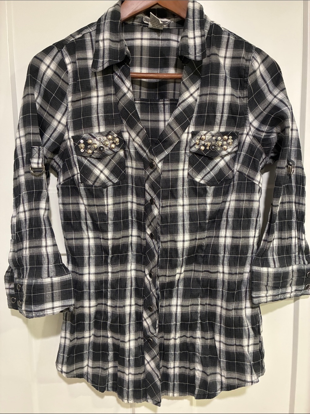 BKE Black & White Plaid Button-Down Shirt with Studded Pockets